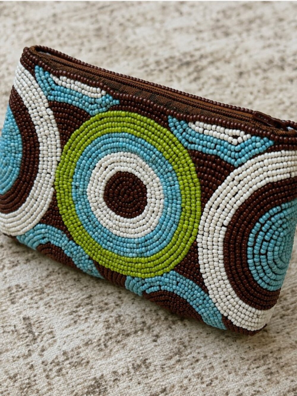 AREA Beaded Geometric Zip Pouch Coin Purse Brown Turquoise Green - Picture 3 of 3